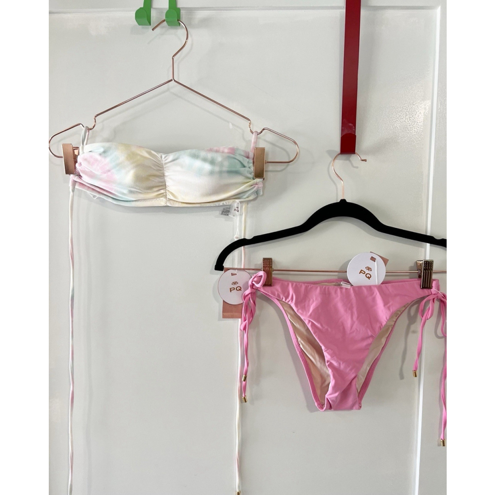 NEW Pilyq Bikini Luna Tie‎ Dye Bandeau Top With Pink Teeny Tie Bottom Size S